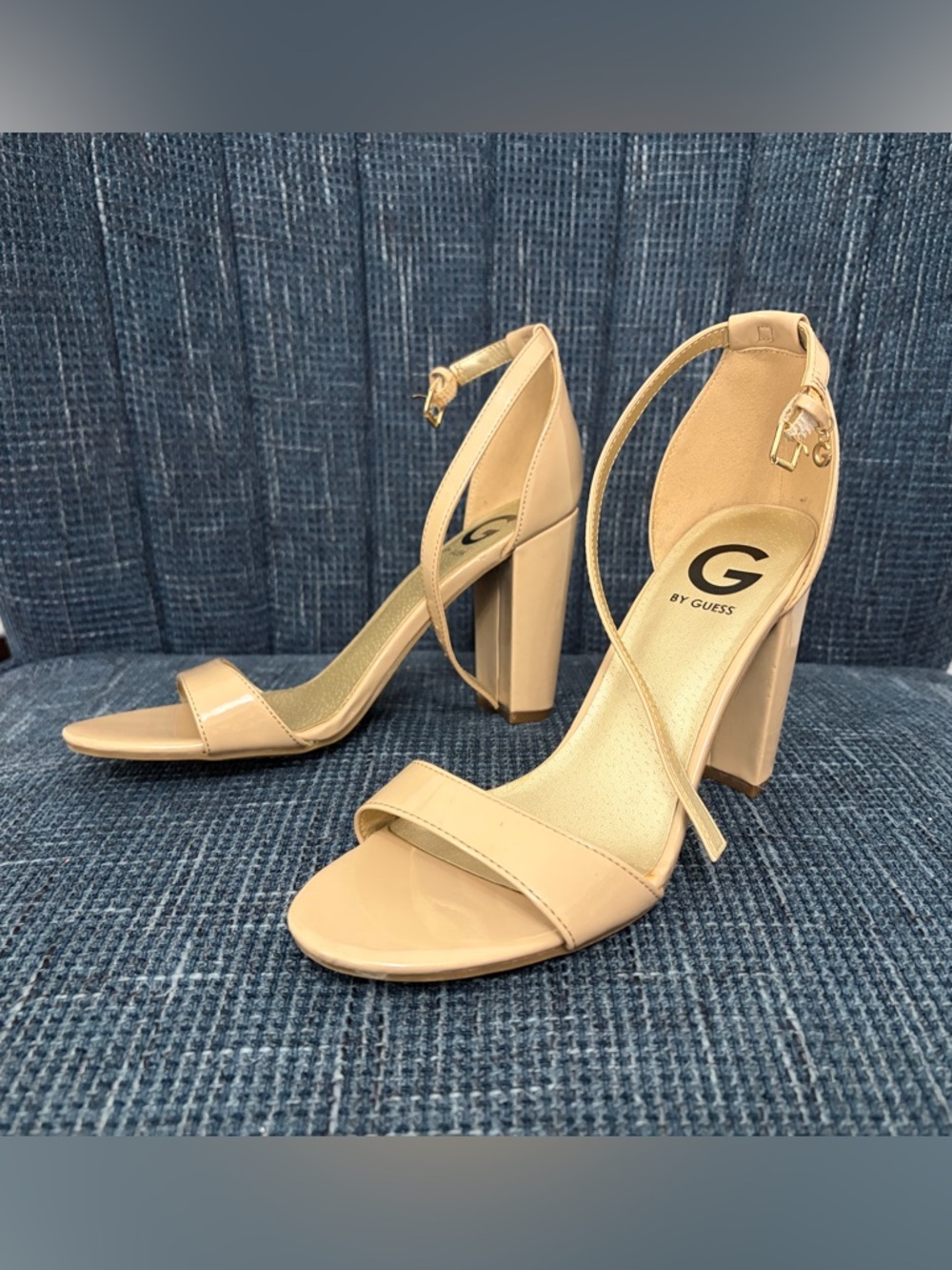 G by Guess Beige Patent Block Heel Sandals with Ankle Strap